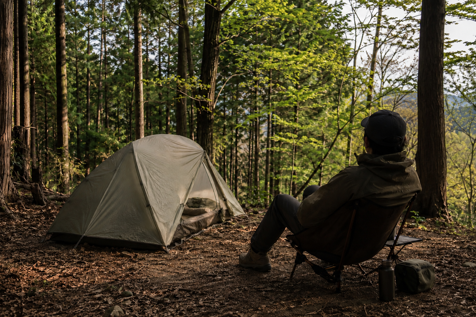 Traveler sitting beside a tent at a wooded campsite in Japan