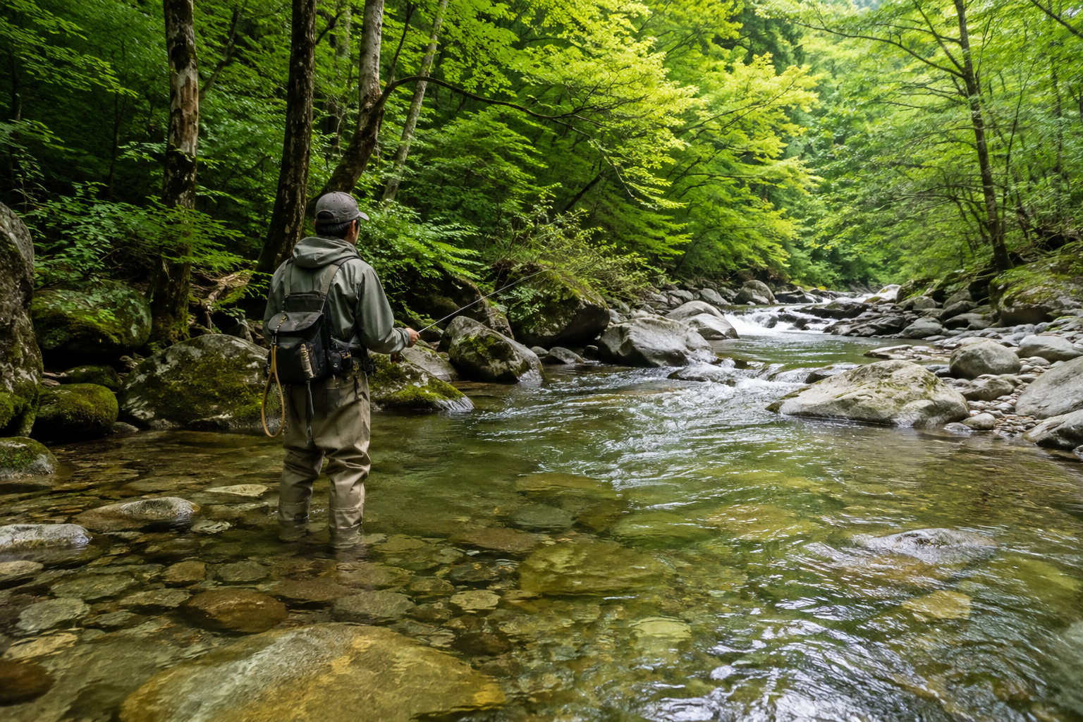 Angler fishing in a clear woodland stream in Japan