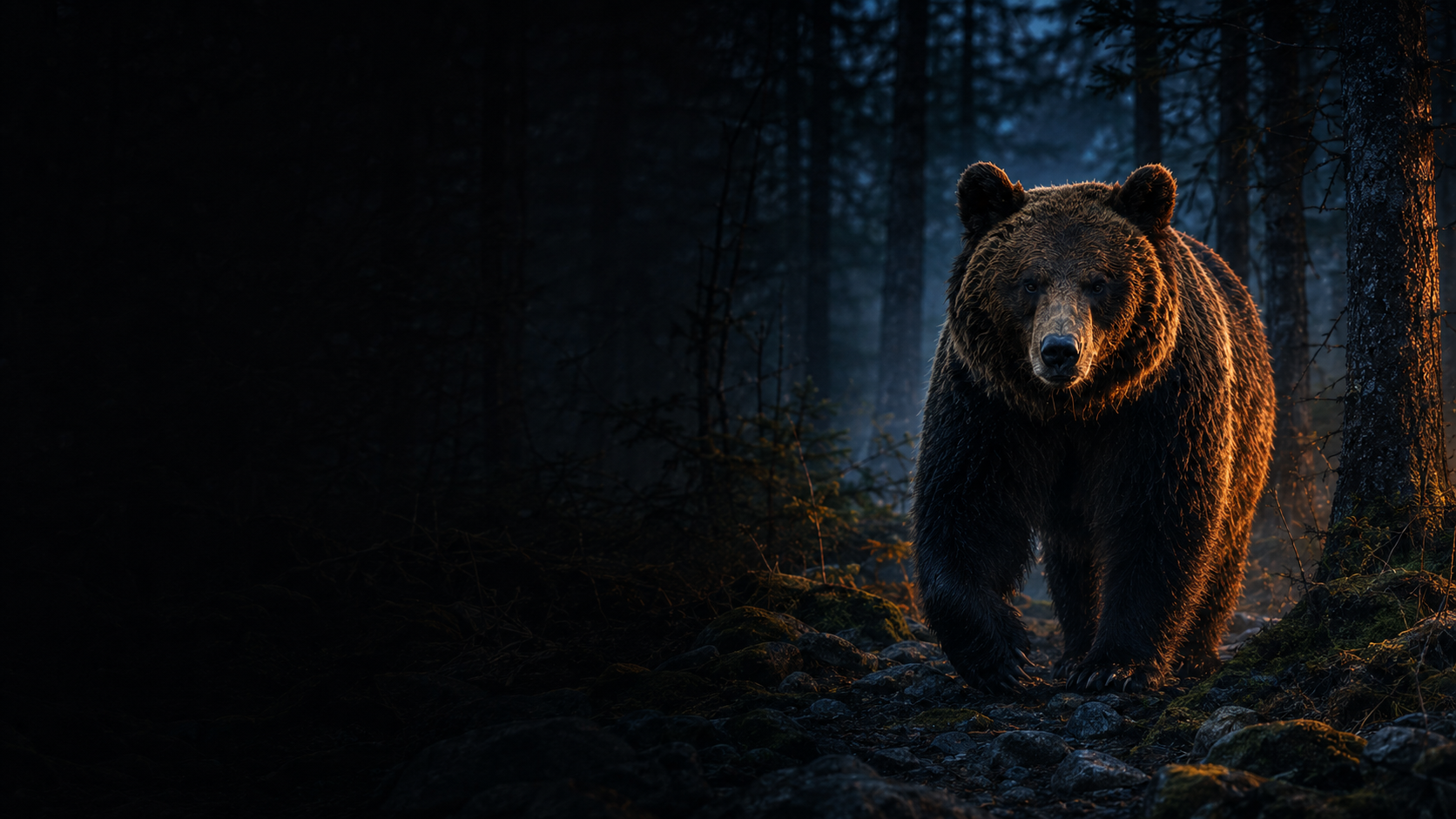 Brown bear standing in a dark Japanese forest