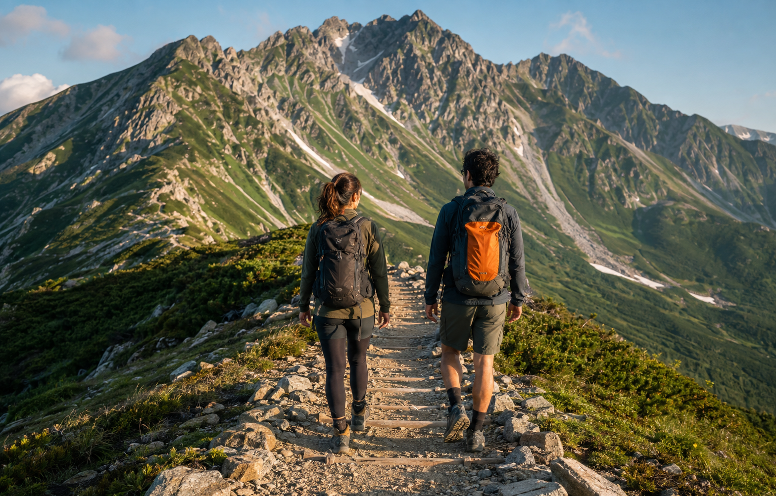 Two young hikers walking toward a ridge in the Japanese Northern Alps