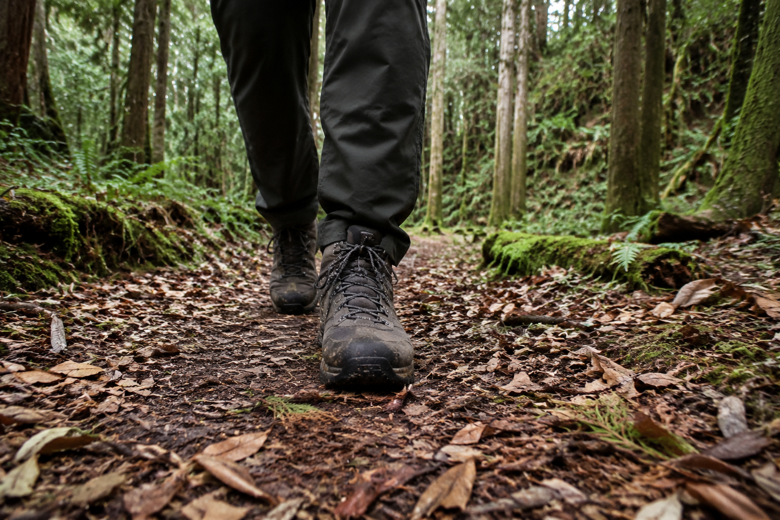 Hiker walking along a leafy forest trail in Japan